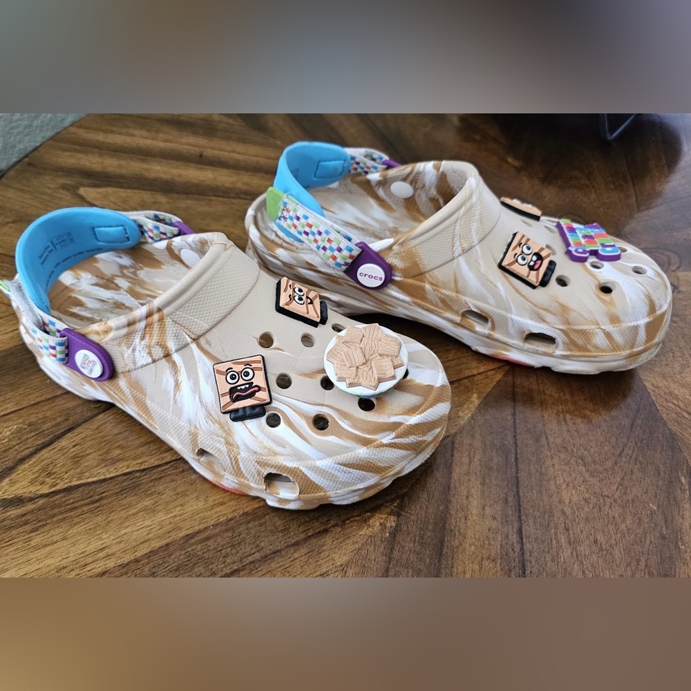 CROCS Kids Water Shoes Beige Swirl with Blue Strap and Multicolor Accents